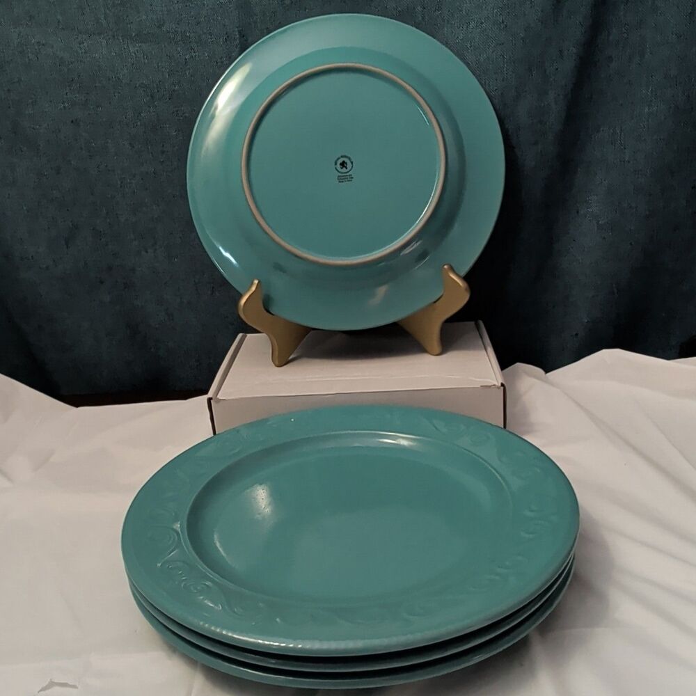 Set of 4 Royal Norfolk Dinner Plates Turquoise Teal Blue Scrolls Rim 10.5" - Picture 12 of 16